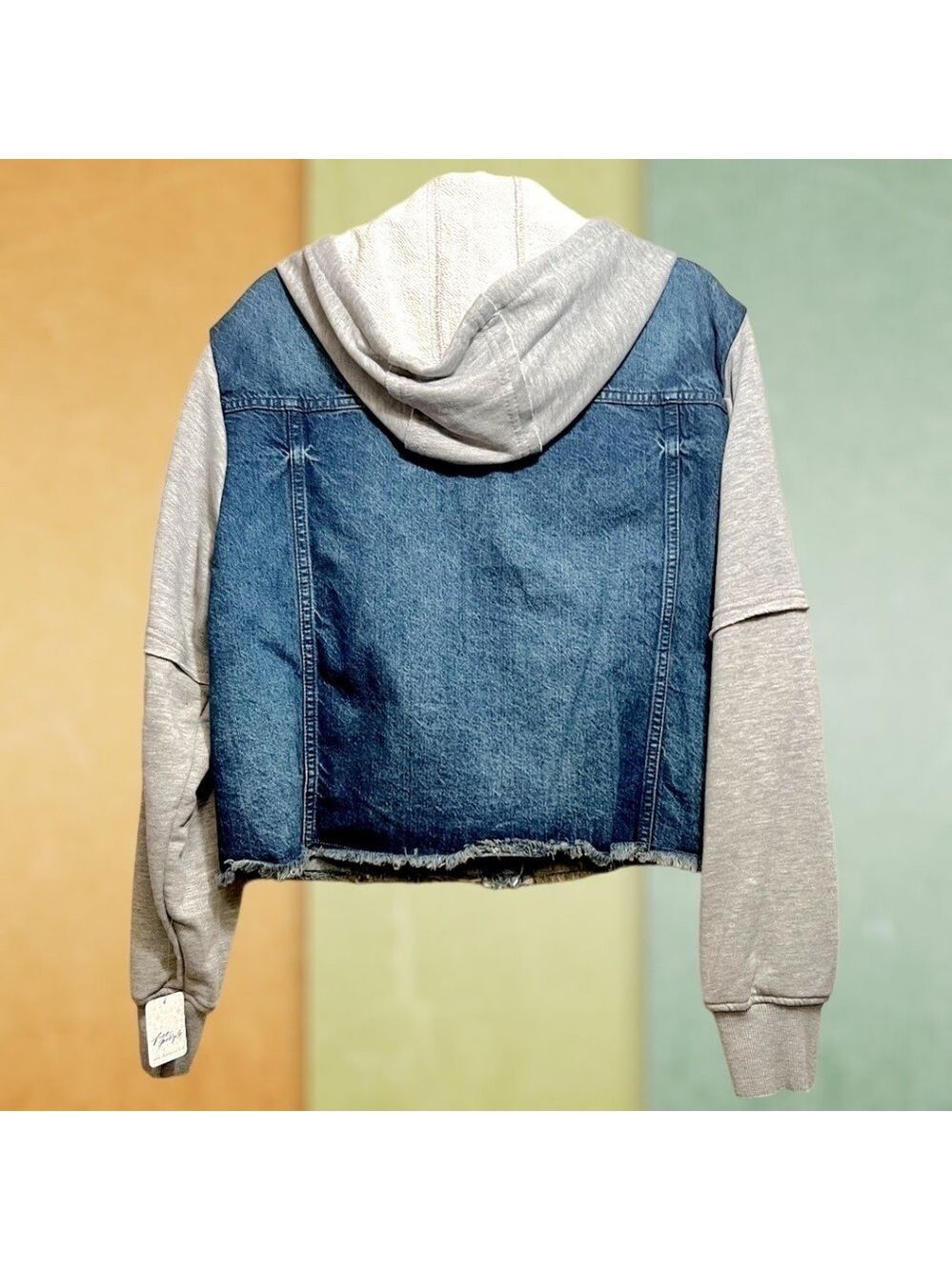 FREE PEOPLE Throwback Denim/Knit Hoodie Style Raw Hem Relaxed Crop Jacket-Md NWT - Picture 11 of 16